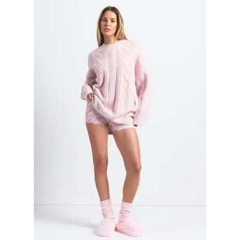 SKIMS Cozy Cable Knit Oversized Crewneck Pullover – Cherry Blossom – S/M